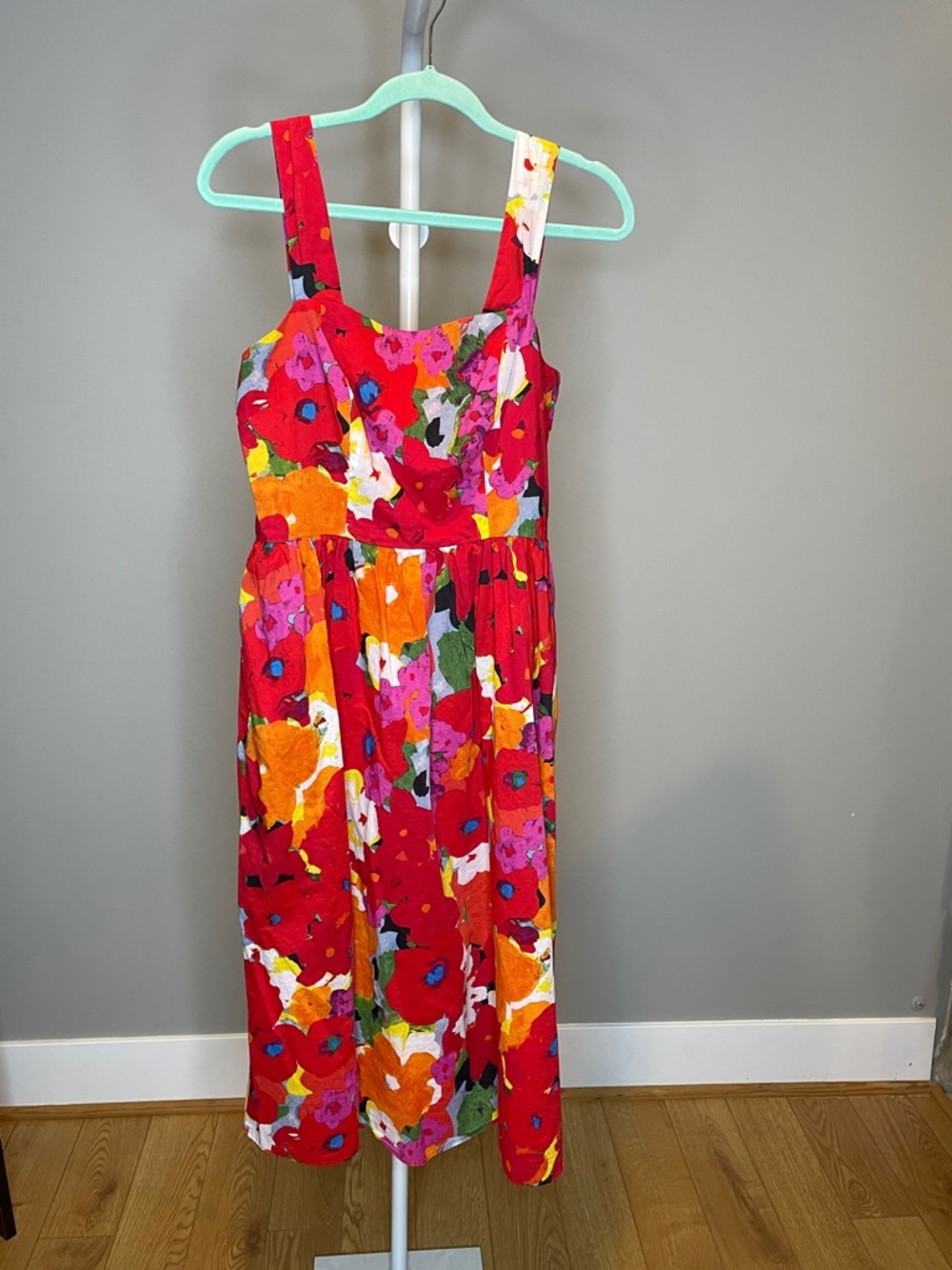 Maggy London Red Floral Midi Dress with Orange and Pink Accents -Size 10